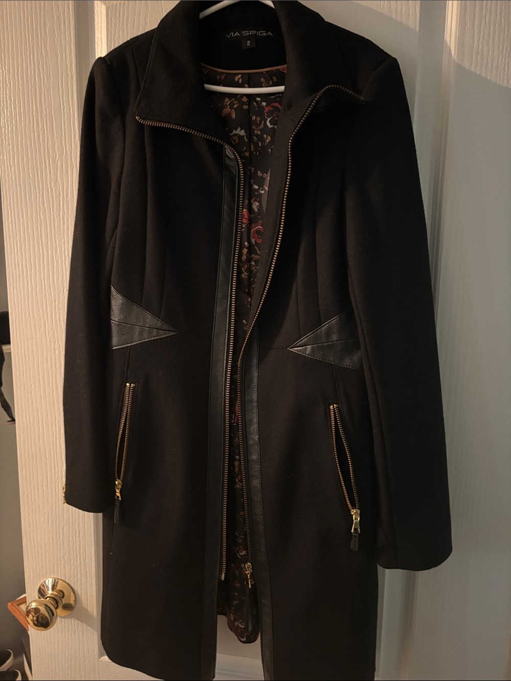 Via Spiga Black Zip-Front Trench Coat with Gold Hardware